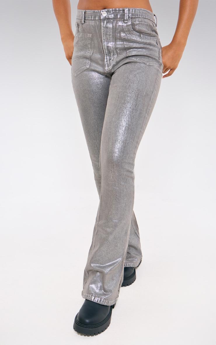 Silver Metallic Foil Effect Flared Jeans Product Image