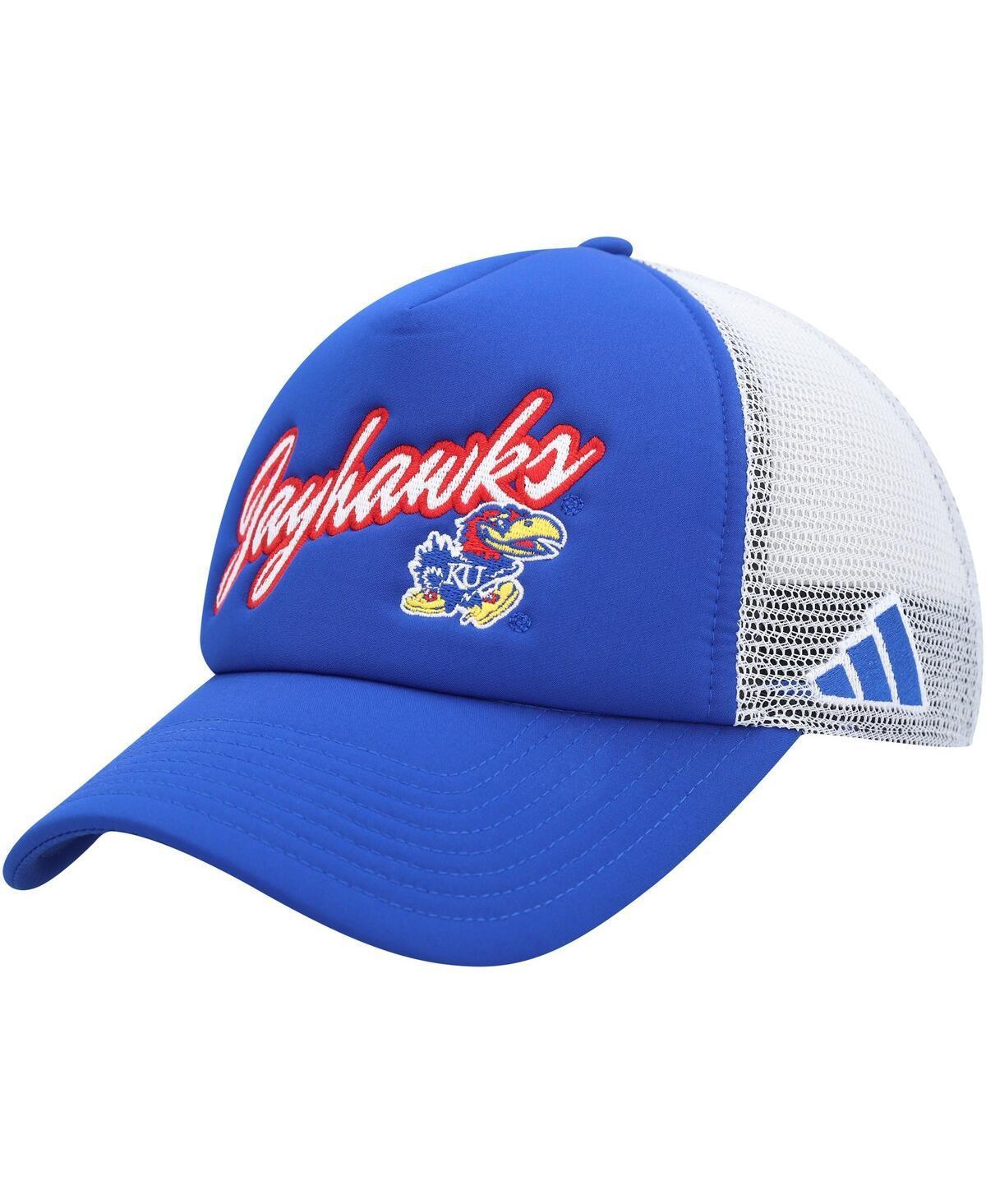 Mens adidas Royal Kansas Jayhawks Script Trucker Snapback Hat Product Image