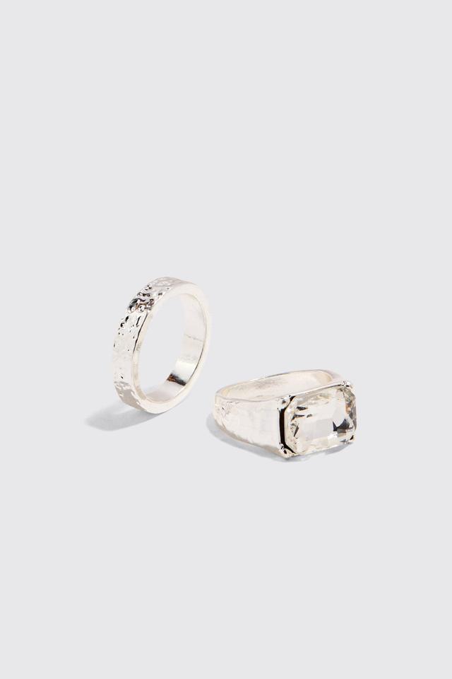 2 Pack Mixed Stone Signet Rings In Silver | boohooMAN USA Product Image