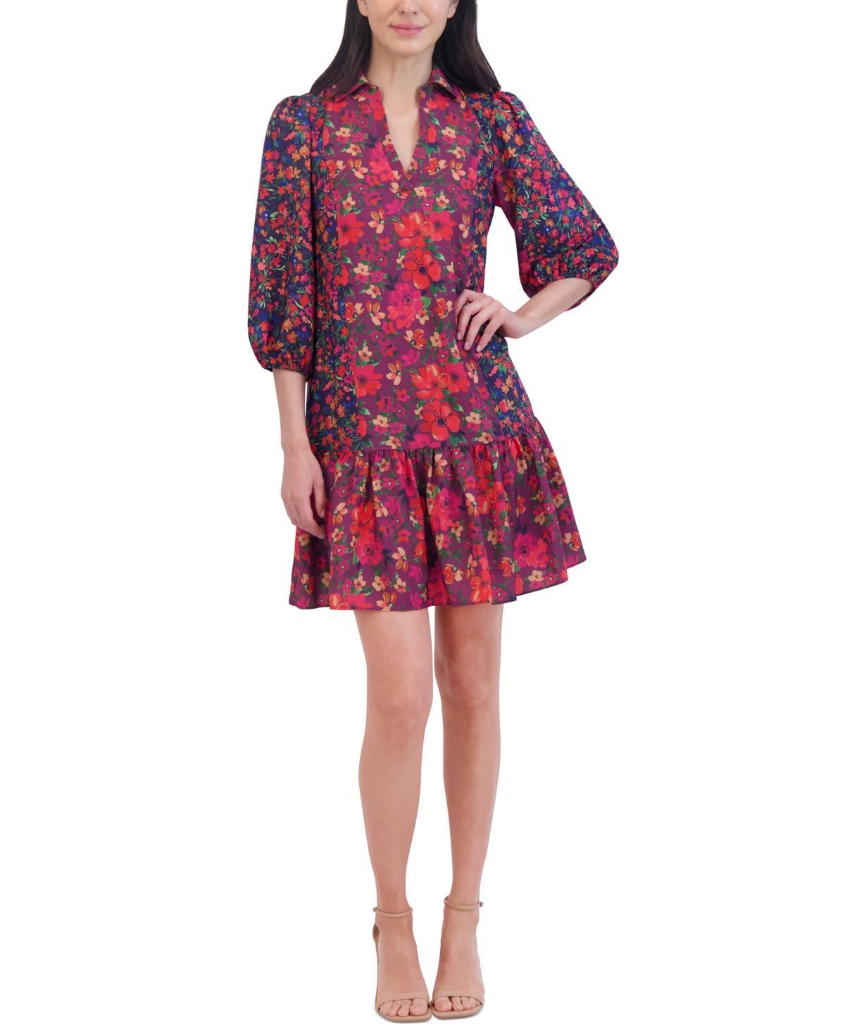 Jessica Howard Womens Mixed-Print Collared Split-Neck Dress Product Image