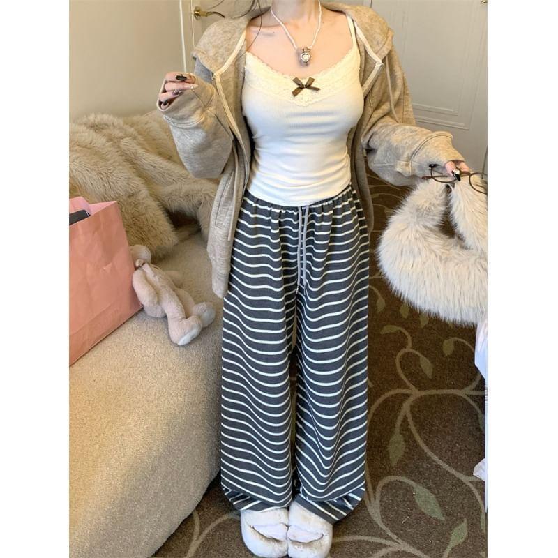 Plain Zip-Up Hoodie / V-Neck Lace Panel Bow Accent Crop Camisole Top / Drawstring Waist Striped Wide Leg Pants Product Image