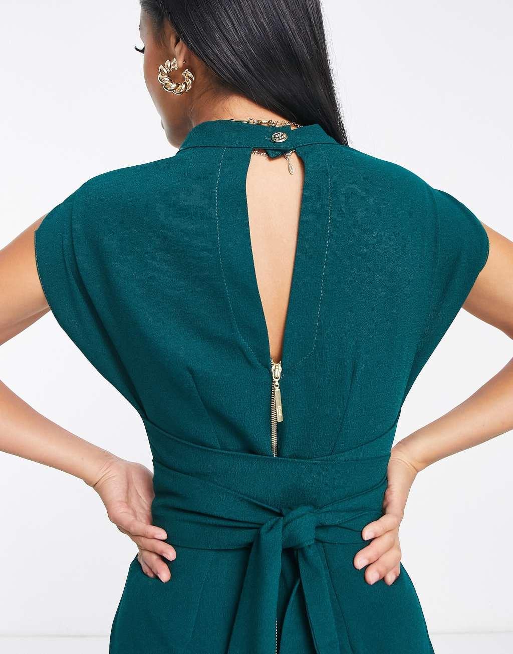 Closet London Petite belted tie waist mini dress in emerald green Product Image