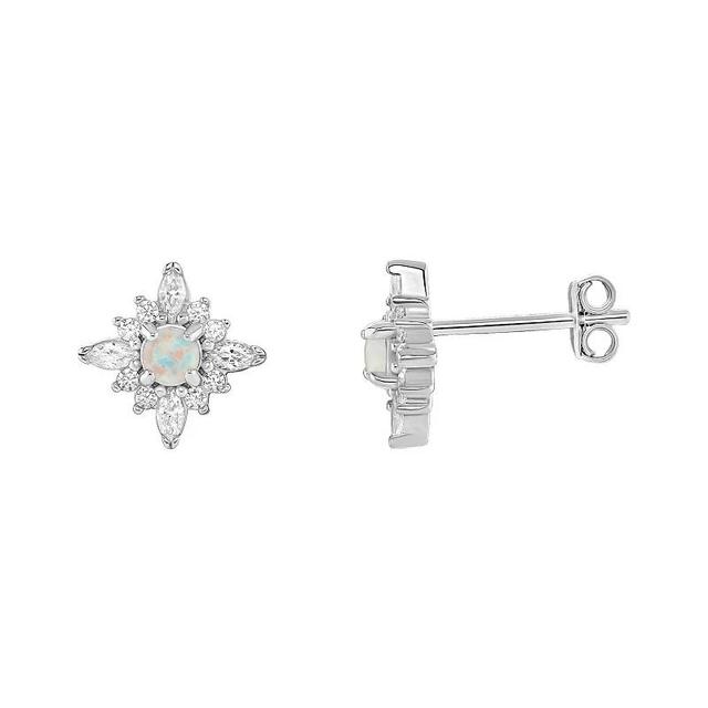 PRIMROSE Sterling Silver Pave Cubic Zirconia & Opal Center Stone Flower Stud Earrings, Womens, Silver Tone Product Image