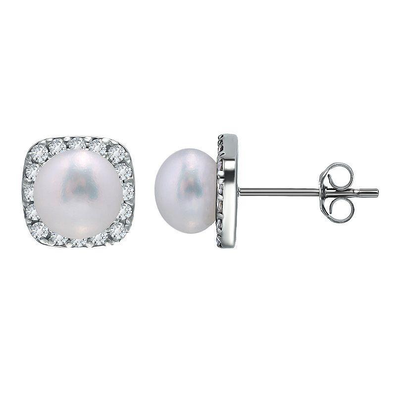 Aleure Precioso Sterling Silver Cubic Zirconia & Freshwater Cultured Pearl Square Stud Earrings, Womens Product Image