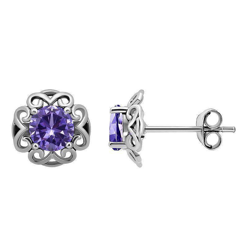 Aleure Precioso Sterling Silver Gemstone Scalloped Stud Earrings, Womens, Silver Tone Purple Product Image