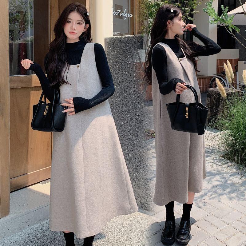 Maternity Long-Sleeve Mock Neck Plain Knit Top / Sleeveless Midi Pinafore Dress / Set Product Image