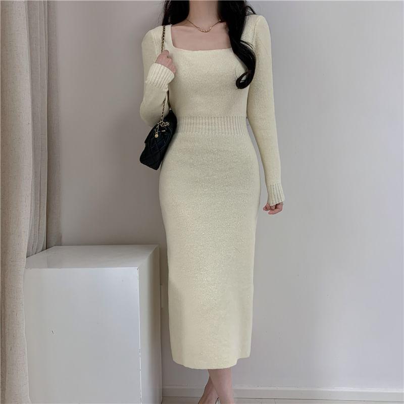 Long-Sleeve Square-Neck Plain Ribbed Midi Knit Dress Product Image