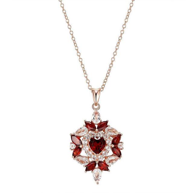 14k Rose Gold Over Silver Garnet & White Topaz Heart Cluster Pendant Necklace, Womens, Pink Tone Product Image