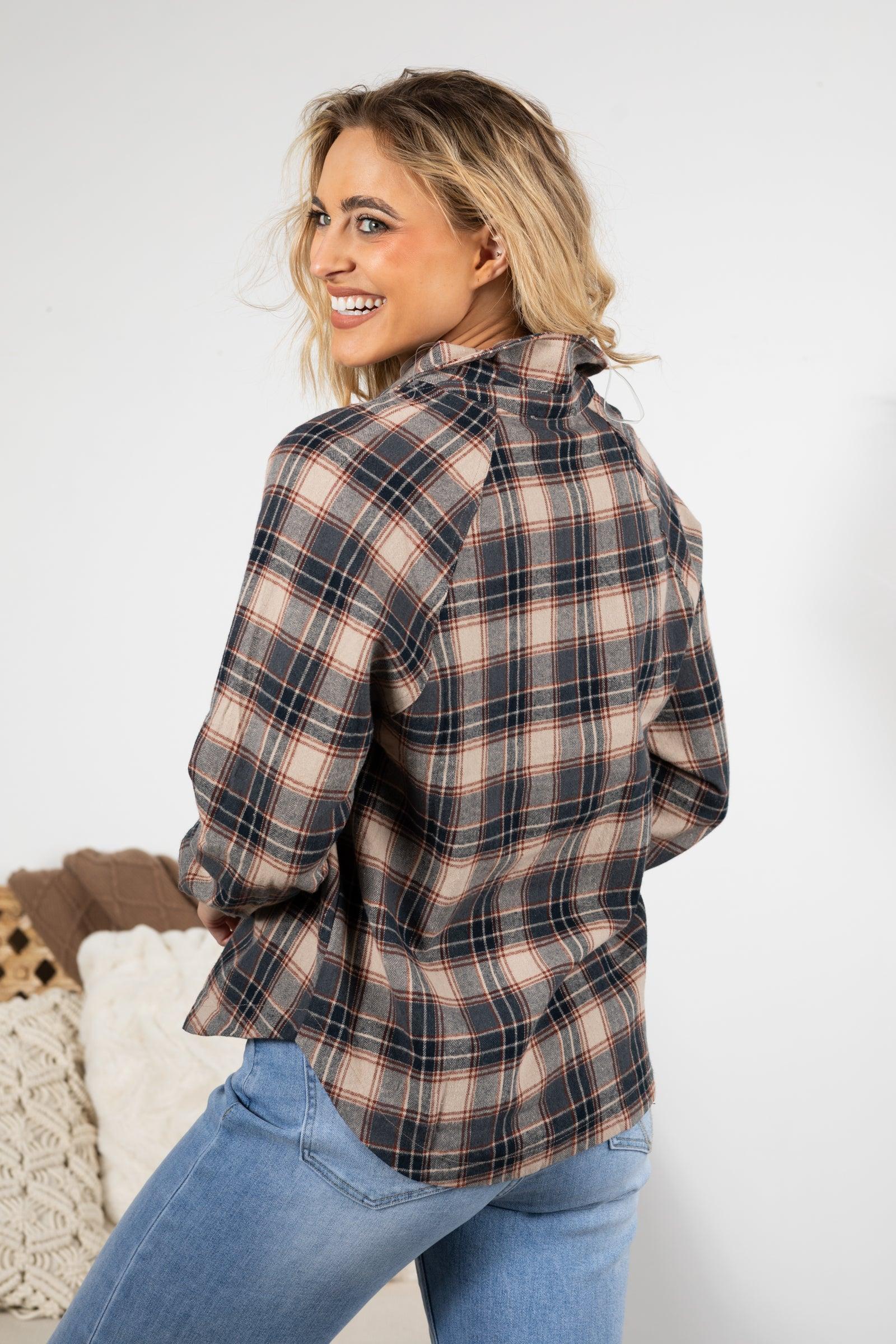 Charcoal Plaid Button Down Woven Top Product Image