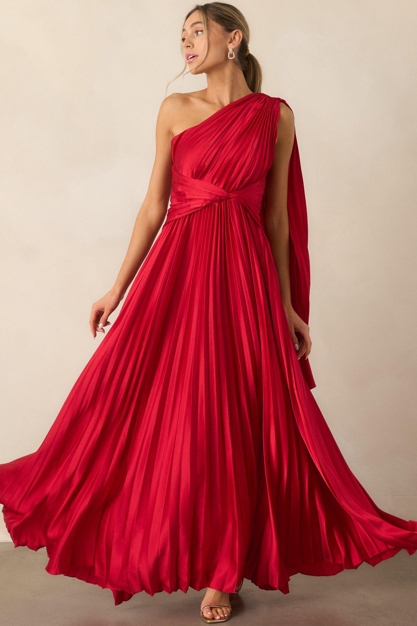 The One I Adore Red One Shoulder Pleated Maxi Dress Product Image