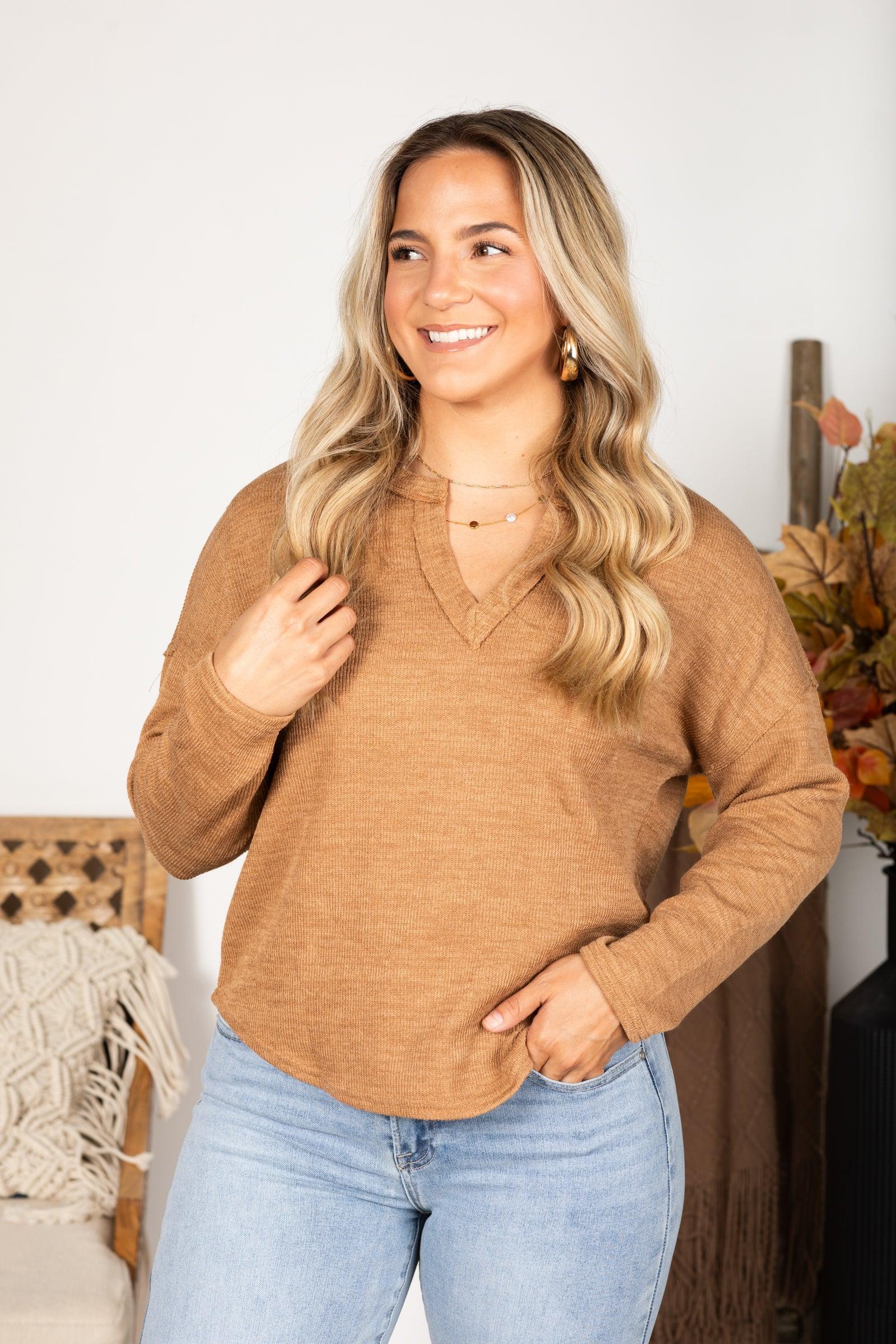 Solid Notch Long Sleeve Knit Top Product Image