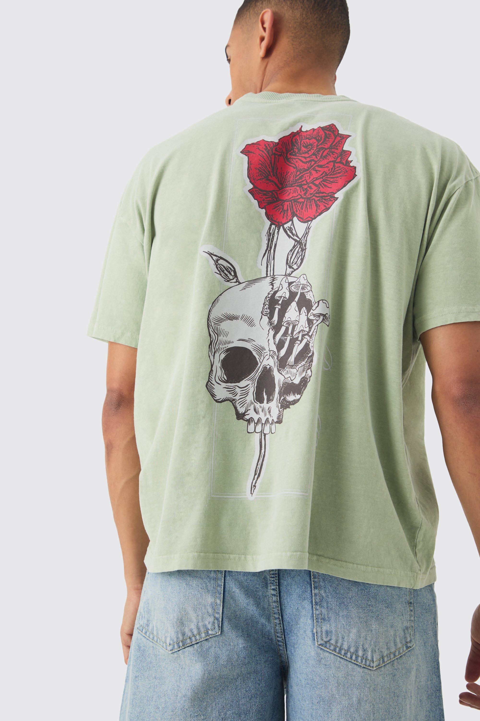 Oversized Boxy Washed Rose Skull Back Print T-shirt | boohooMAN USA Product Image