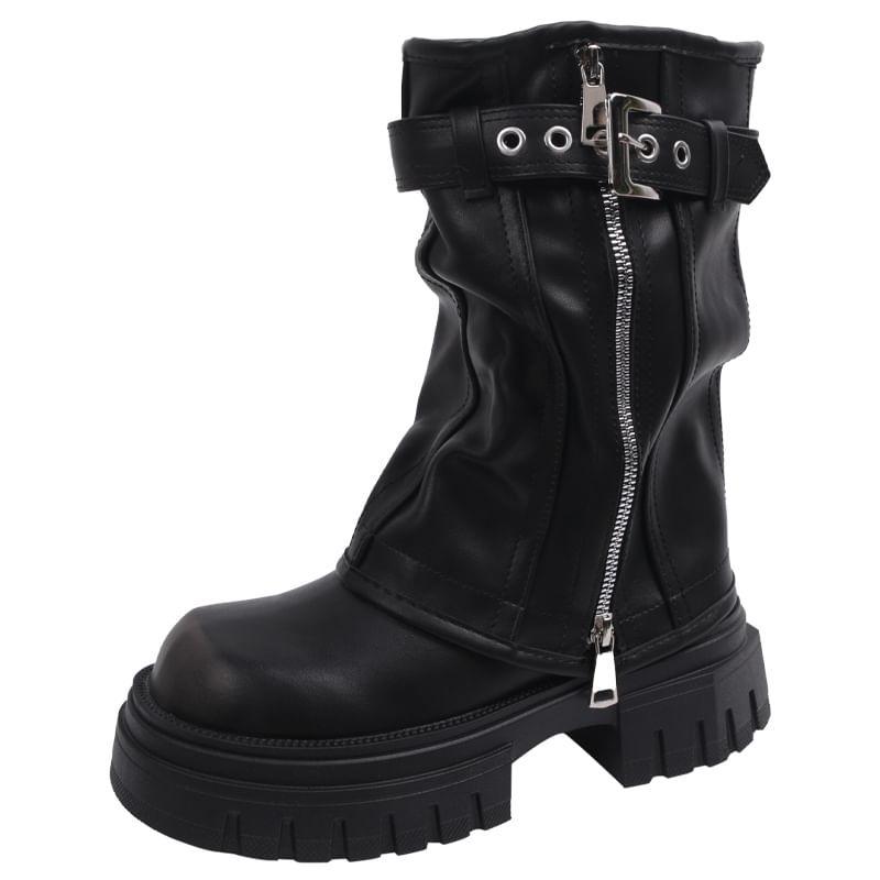 Buckled Platform Chunky Heel Mid-Calf Boots Product Image