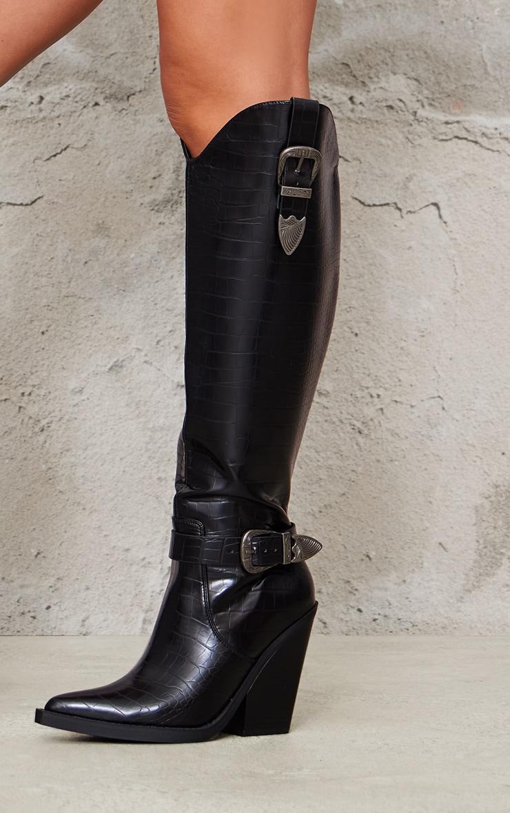 Black Croc PU Point Toe High Block Heel Knee High Western Boots Product Image