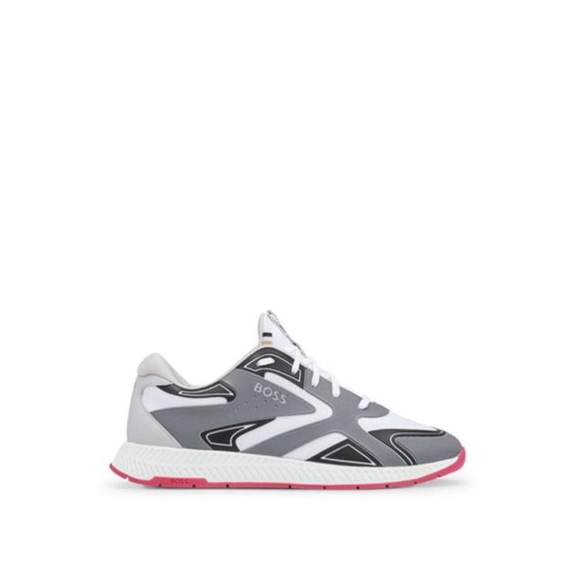 HUGO BOSS Mixed-material Lace-up Trainers With Tonal Branding In Dark Grey Product Image