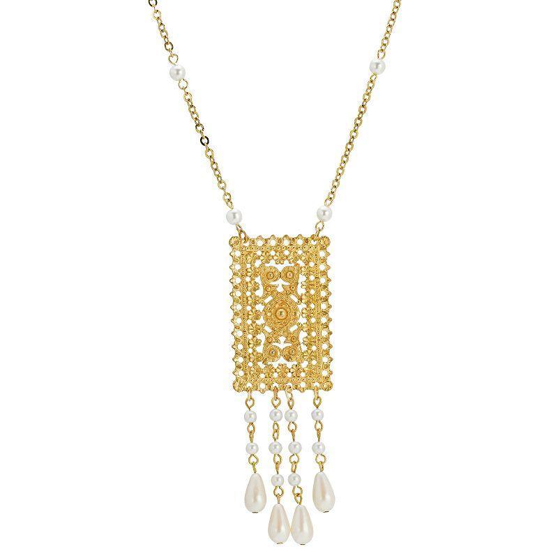 1928 Gold Tone Simulated Pearl Drop Rectangle Necklace, Womens, White Product Image