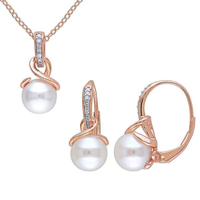 Stella Grace 18k Rose Gold Over Silver Freshwater Cultured Pearl & 1/10 Carat T.W. Necklace & Earring Set, Womens 18k Gold Product Image