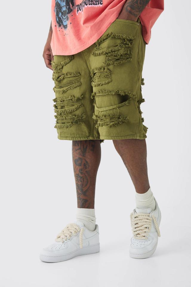 Plus Distressed Twill Overdyed Shorts In Khaki | boohooMAN USA Product Image