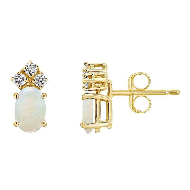 Celebration Gems 14k Gold Oval White Opal & 1/8 Carat T.W. Diamond Stud Earrings, Womens Product Image