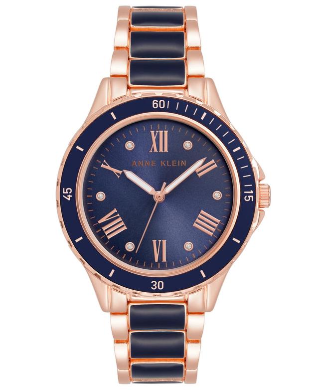 Anne Klein Womens Three Hand Quartz Navy Enamel and Rose Gold-tone Alloy Bracelet Watch, 38mm Product Image