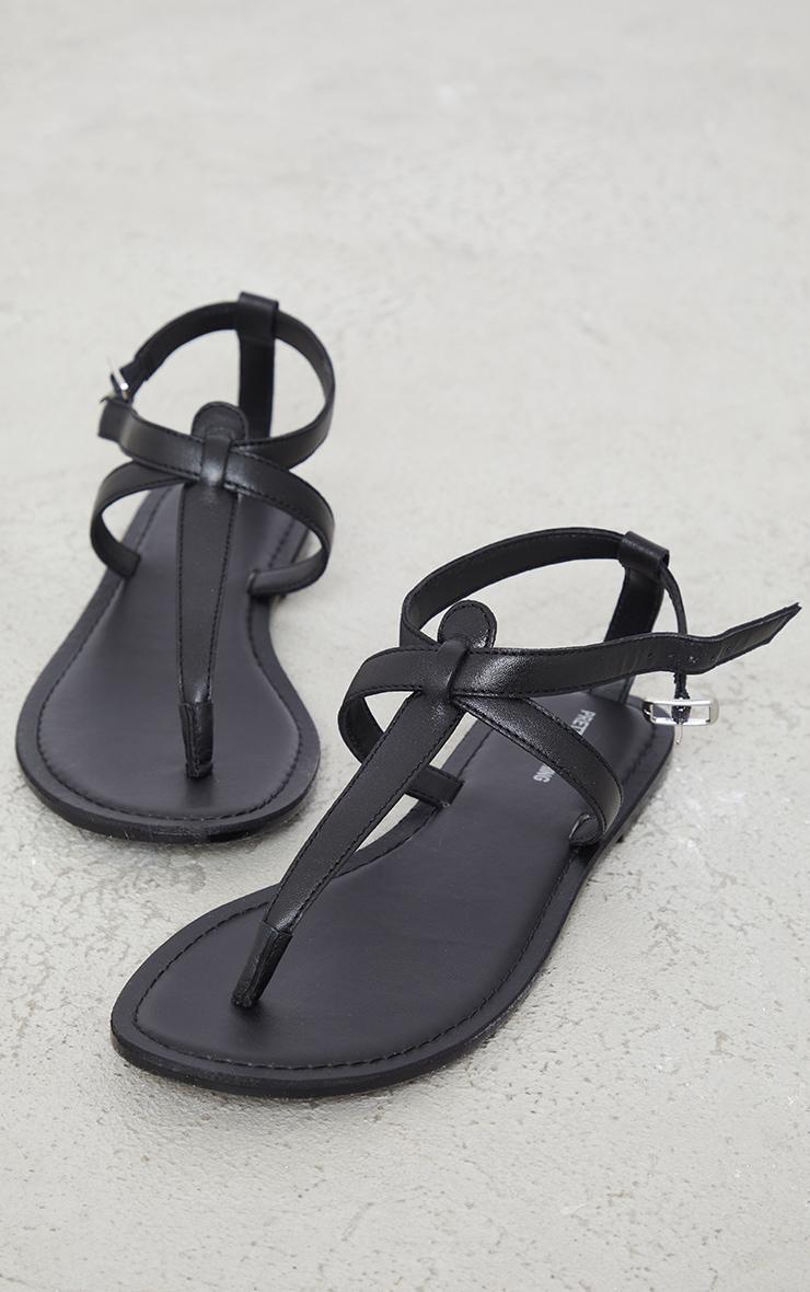 Black Wide Fit Real Leather Basic Toe Thong Strap Flat Sandals Product Image