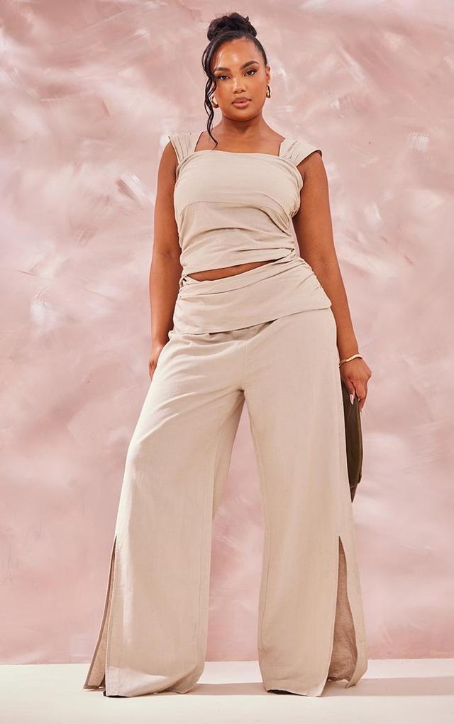 Plus Stone Linen Look Wrap Detail Wide Leg Jumpsuit Product Image