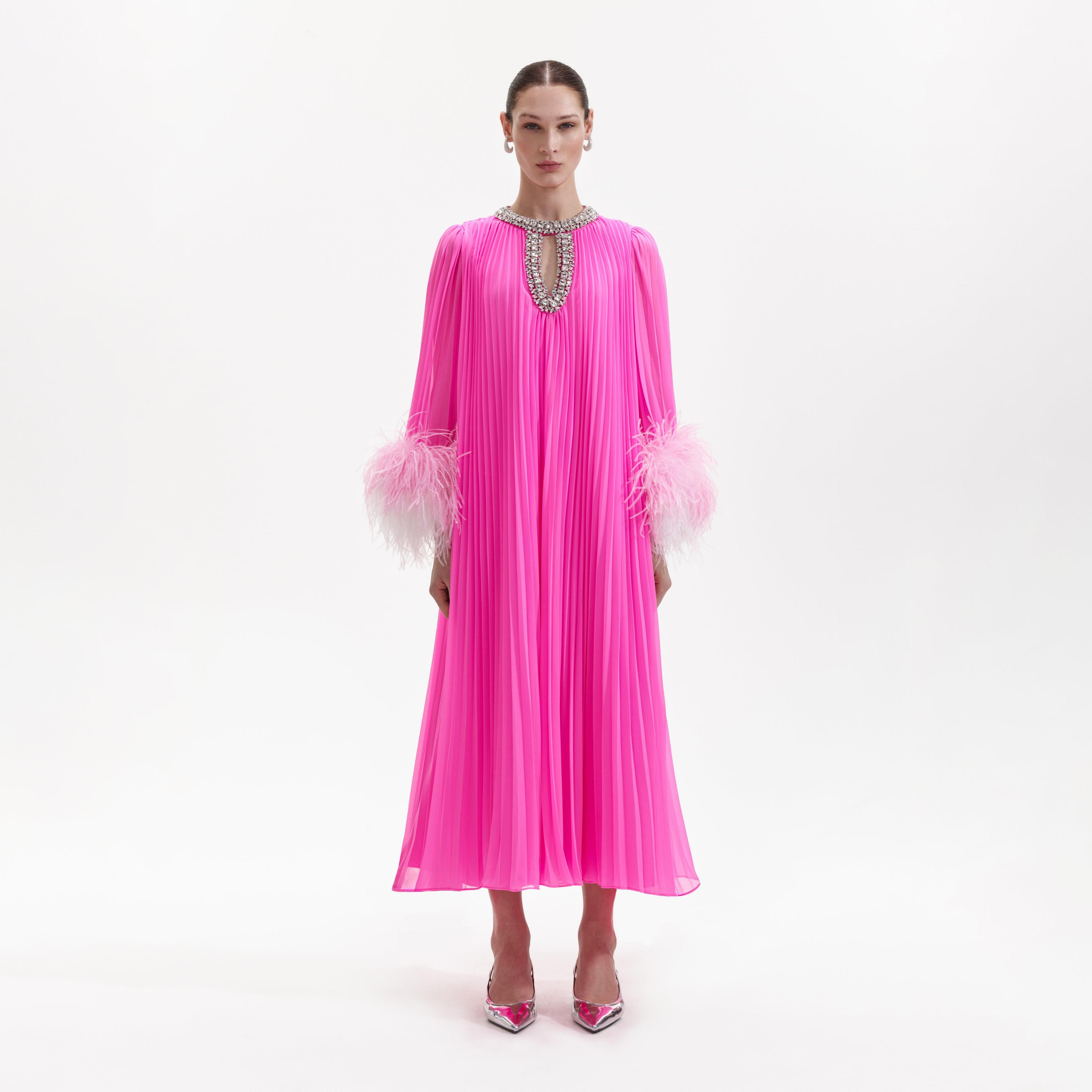 Pink Chiffon Feather Midi Dress Product Image