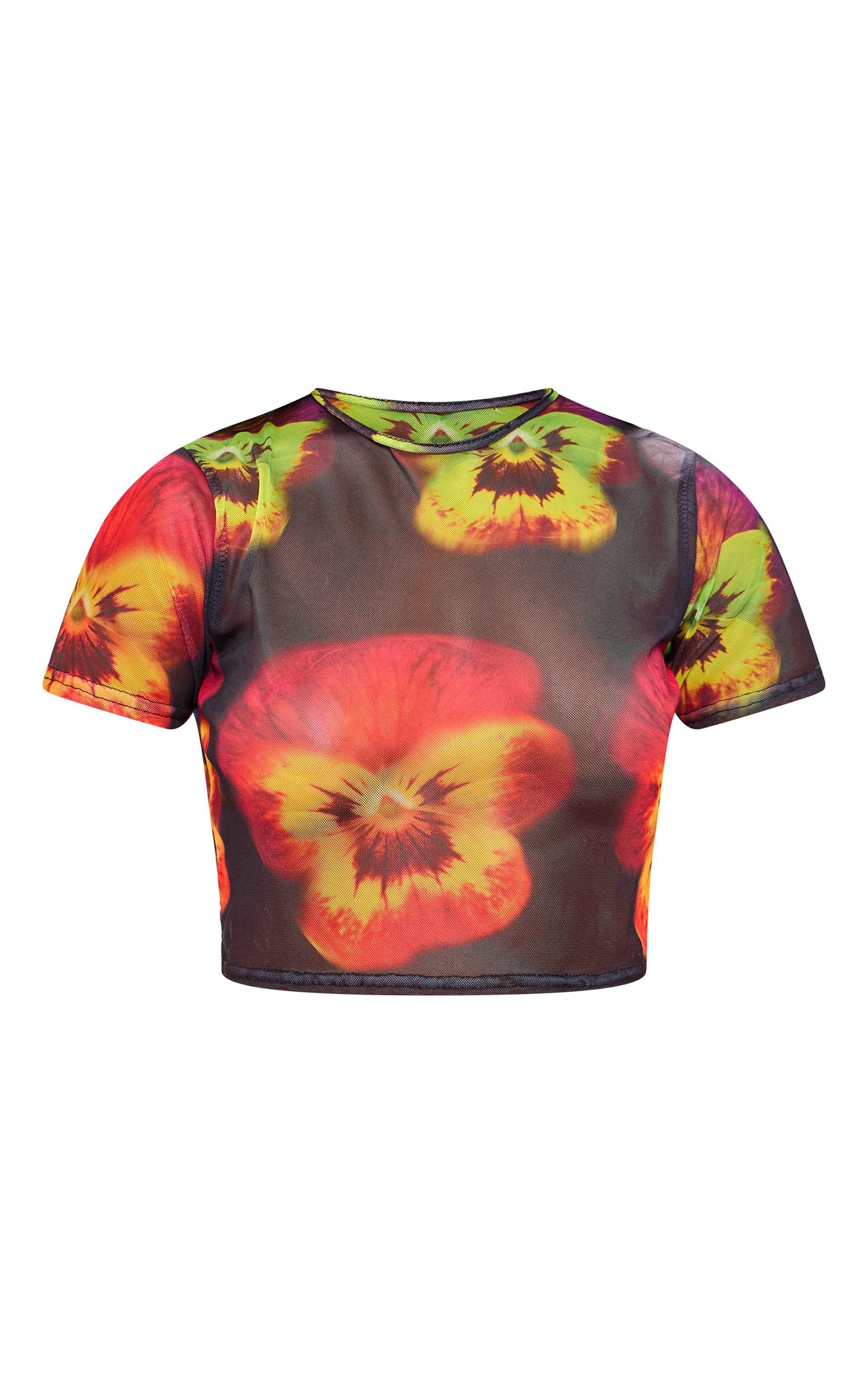 Black Flower Printed Mesh Fitted Crop T Shirt Product Image