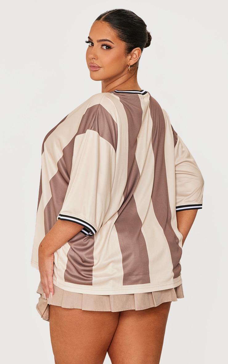 Plus Brown Striped V Neck Oversized Football T Shirt Product Image