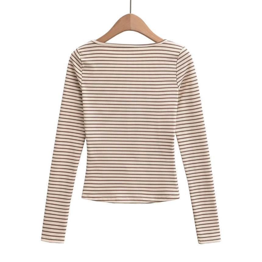 Long-Sleeve Square-Neck Striped Henley T-Shirt Product Image