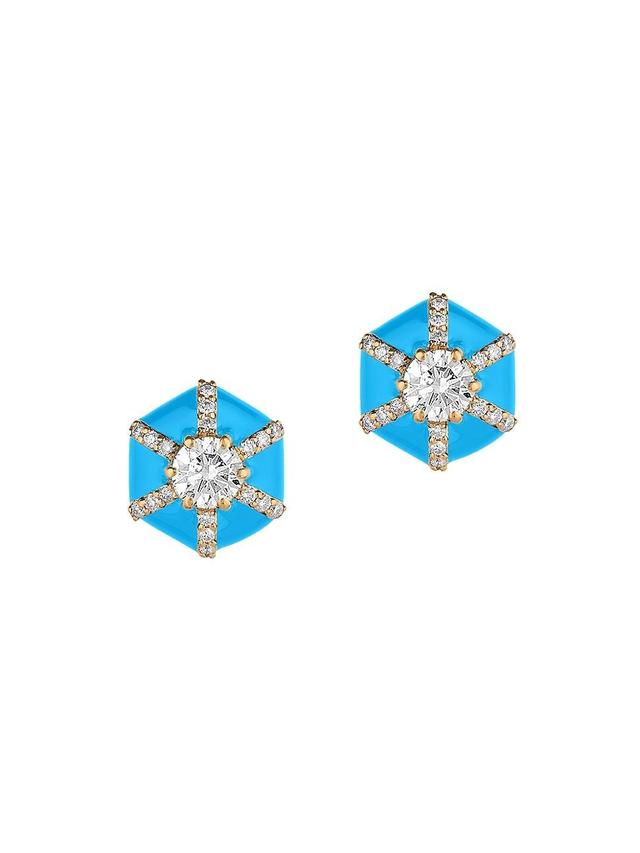 Womens Queen 18K Yellow Gold, Diamond, & Enamel Hexagonal Stud Earrings Product Image