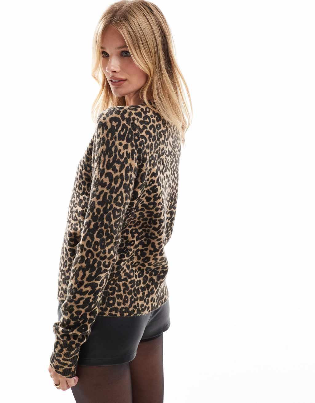 ASOS DESIGN crew neck cardigan in leopard print Product Image