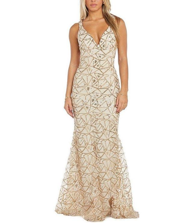 Morgan & Co. Sleeveless V-Neck Long Deco Pattern Sequin Long Dress Product Image