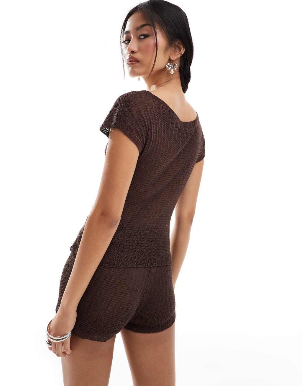 Motel francine knit slash neck cropped tee in brown Product Image