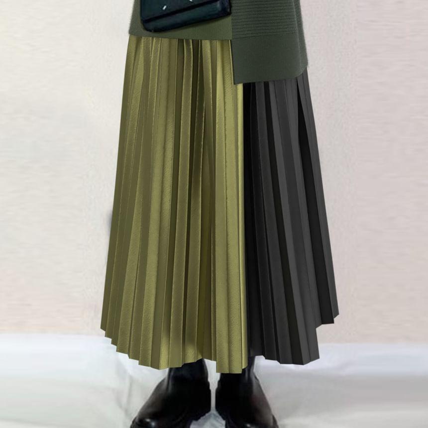 Set: Long-Sleeve Notch Neck Two Tone Asymmetrical Knit Top + High Rise Accordion Pleated Midi A-Line Skirt Product Image