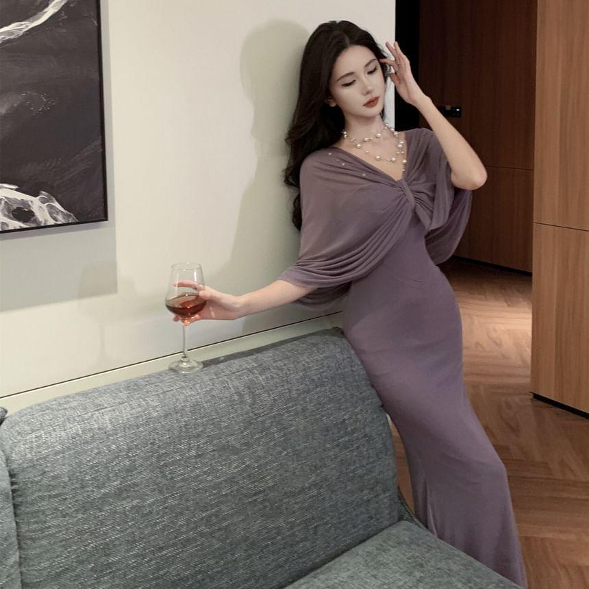 3/4-Sleeve Off-Shoulder Mock Two-Piece Plain Ruched Maxi Bodycon Dress Product Image