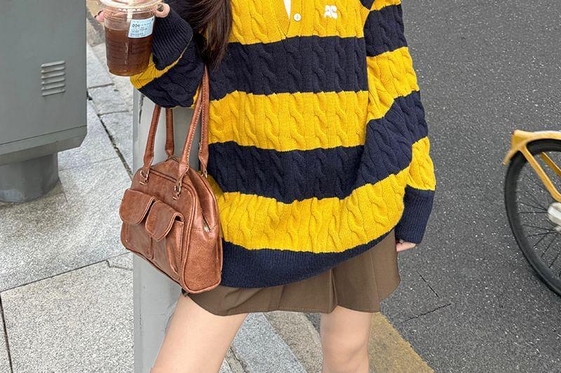 V-Neck Collared Striped Cable Knit Oversized Top Product Image