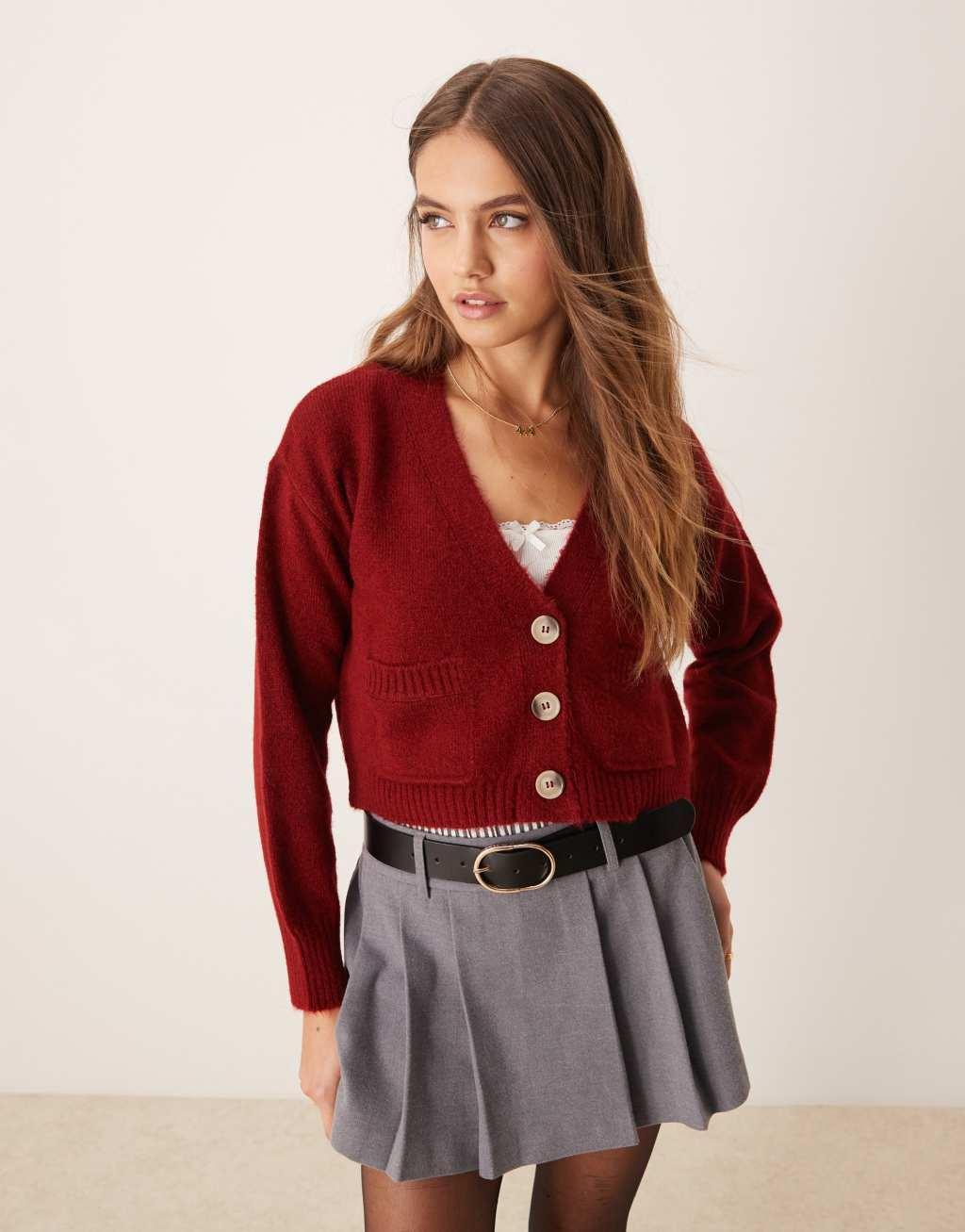 Miss Selfridge seam detail boxy cardigan in burgundy Product Image