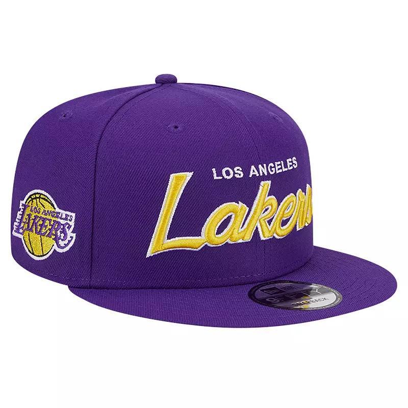 Mens New Era Los Angeles Lakers Evergreen Script Side Patch 9FIFTY Snapback Hat Product Image