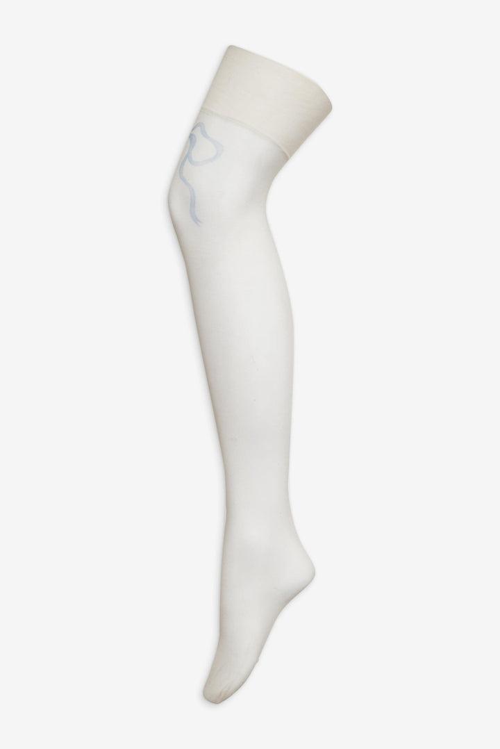 Bow Printed Thigh-High Socks — White Product Image