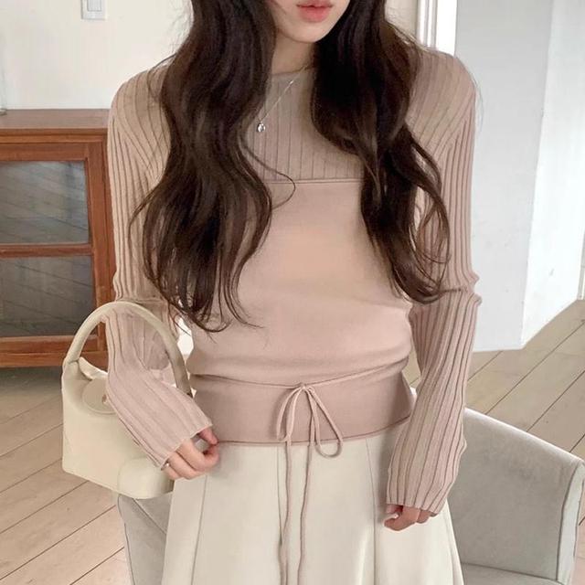 Set: Long Sleeve Round Neck Plain Ribbed Knit Top + Tube Top Product Image