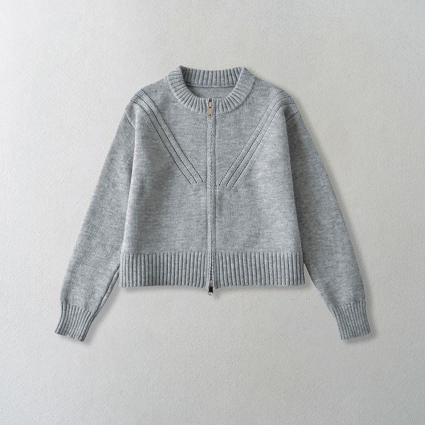 Crew Neck Plain Perforated Zip-Up Crop Cardigan Product Image