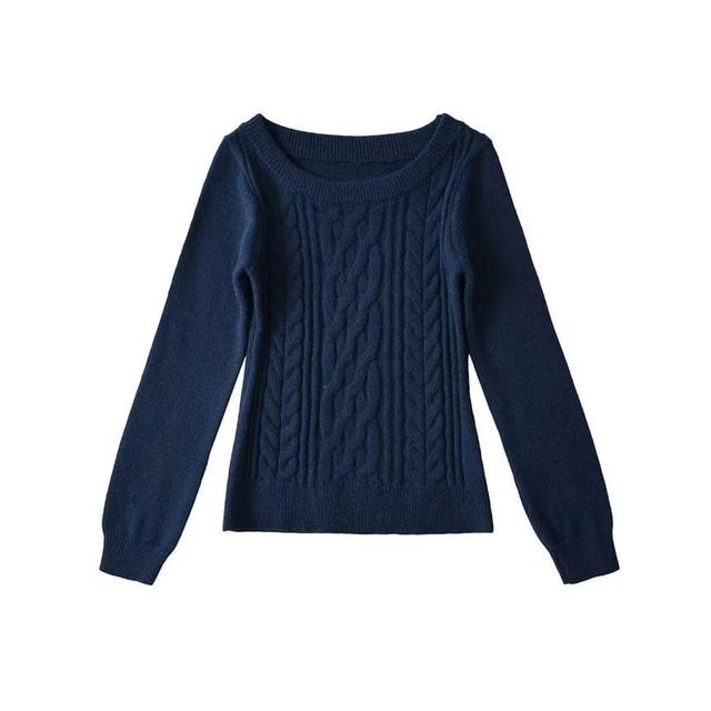 Long-Sleeve Scoop Neck Plain Cable Knit Sweater Product Image