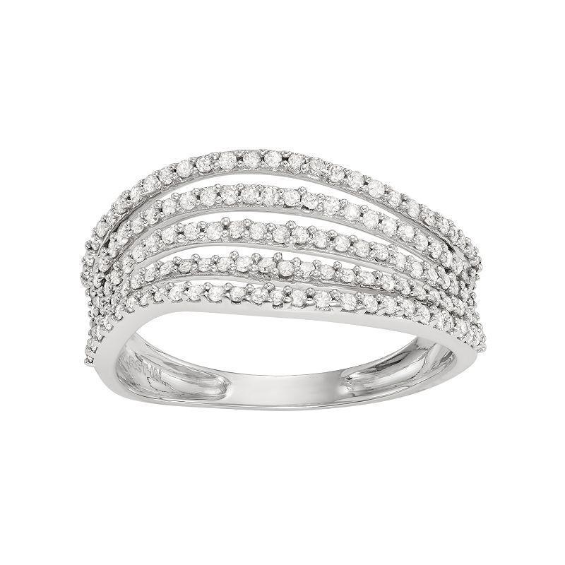 10k White Gold 1/2 Carat T.W. Diamond Multi Row Wave Ring, Womens Product Image