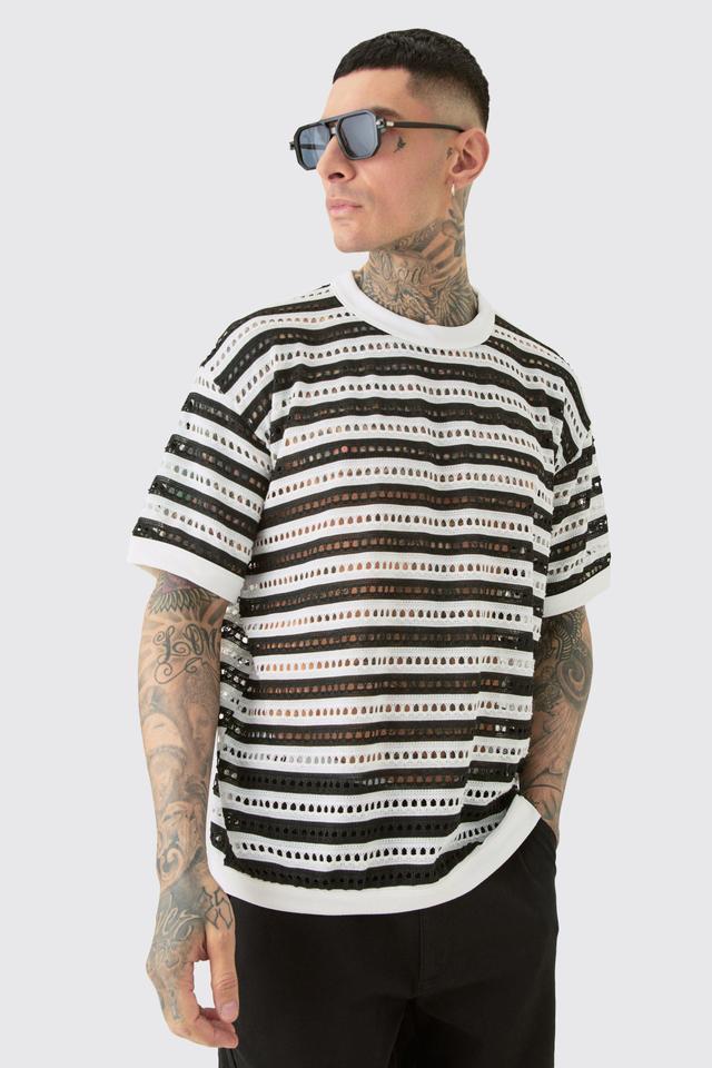 Mens Black Tall Crochet Striped Oversized T-shirt, Black Product Image