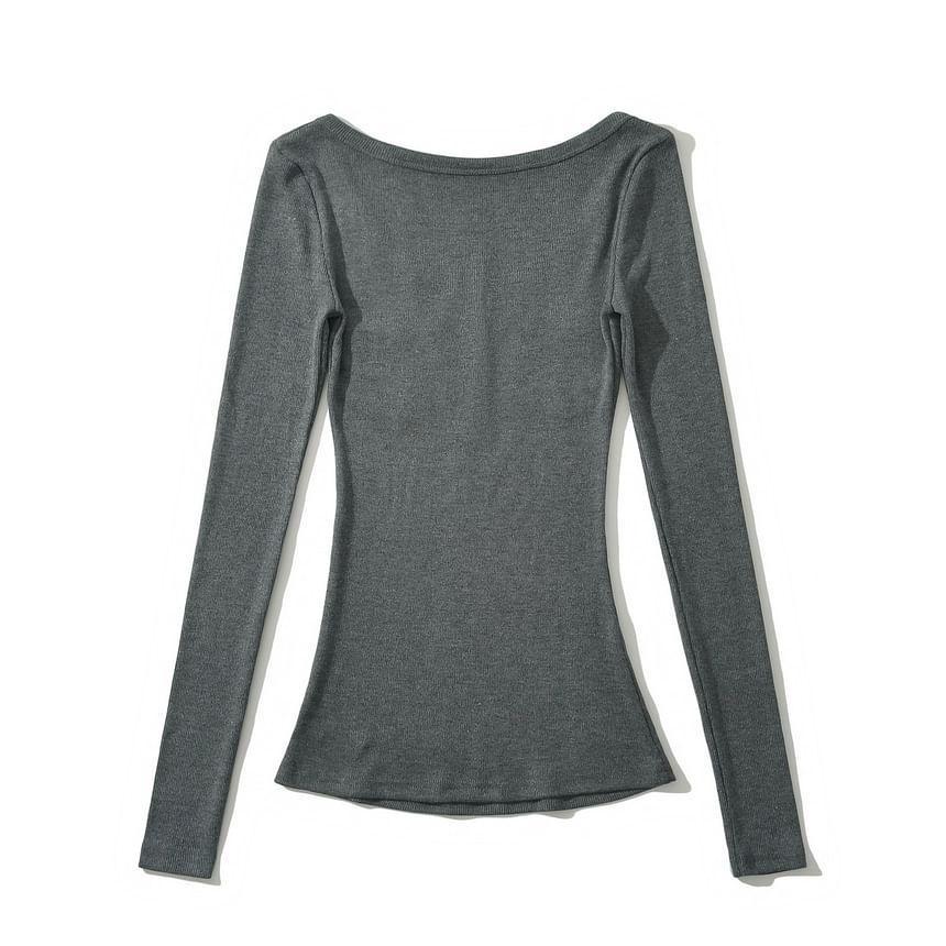 Long Sleeve V-Neck Plain Henley Ribbed Knit Top Product Image