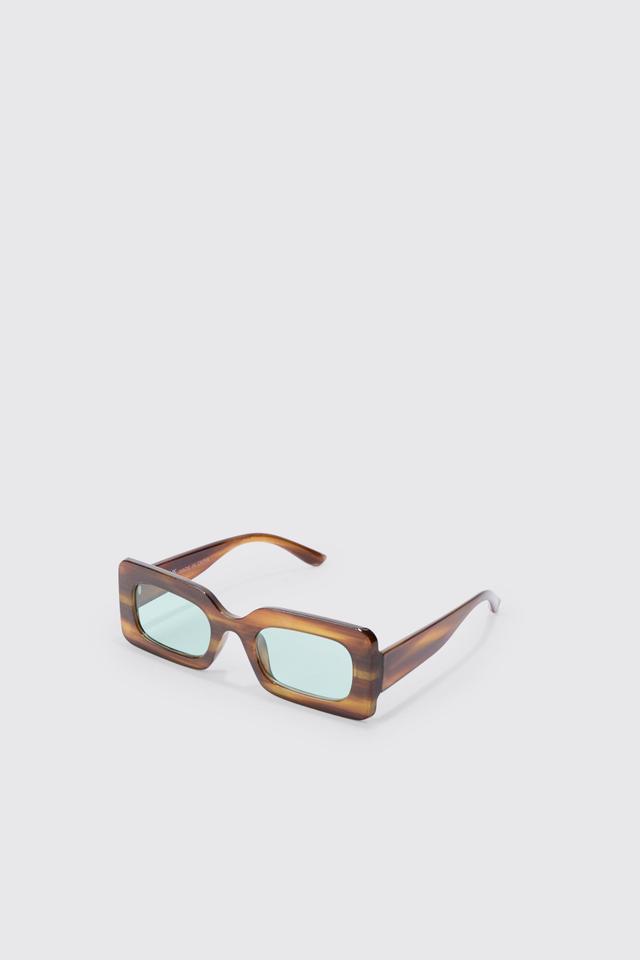 Rectangular Abstract Resin Rectangular Sunglasses In Brown | boohooMAN USA Product Image