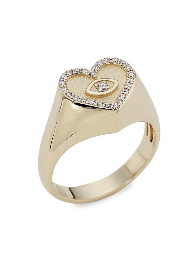 Womens 14K Gold & Diamond Heart Signet Ring Product Image