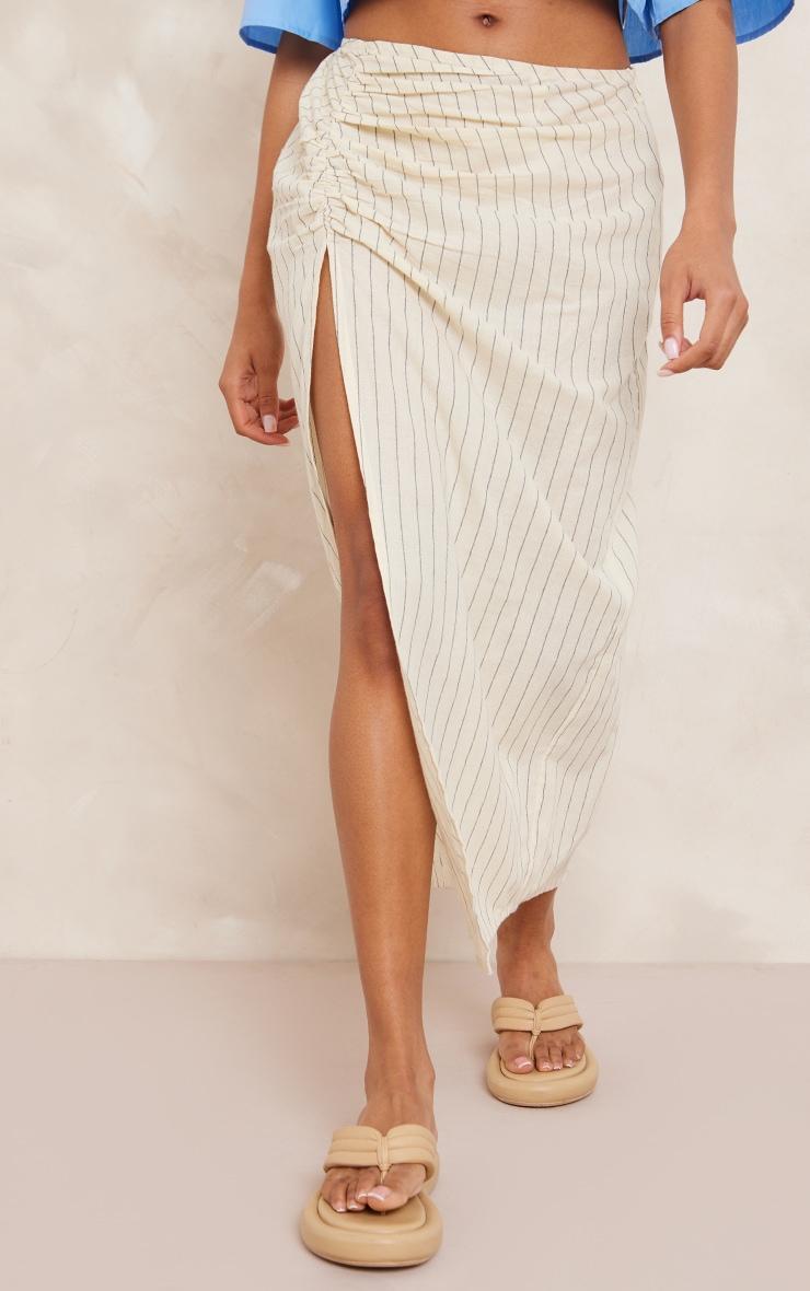 Off White Cotton Pinstripe Ruched Thigh Midi Skirt Product Image