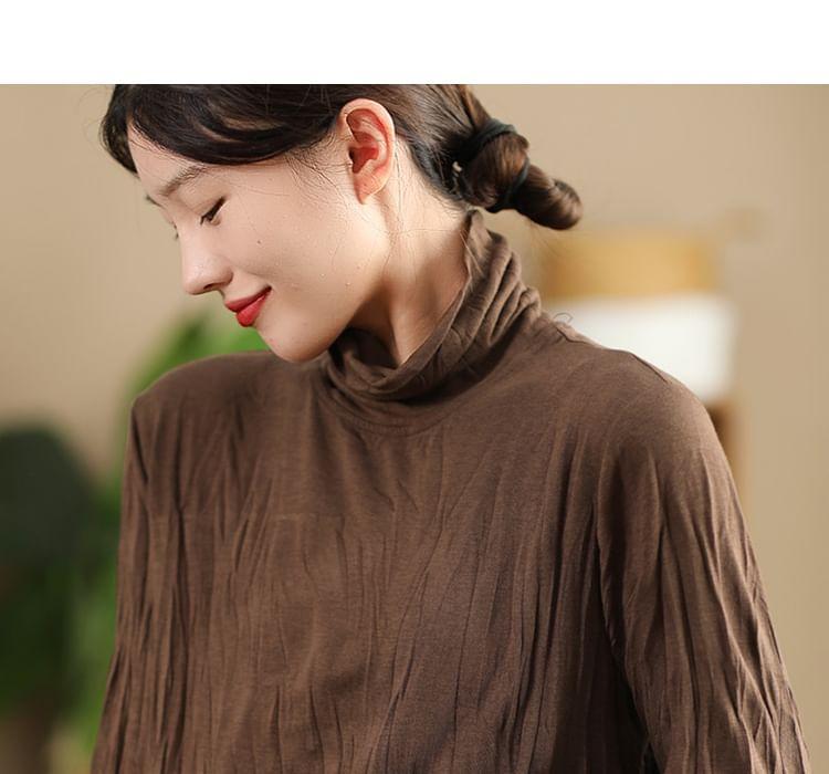 Long Sleeve Mock Neck Plain Crinkled Top Product Image